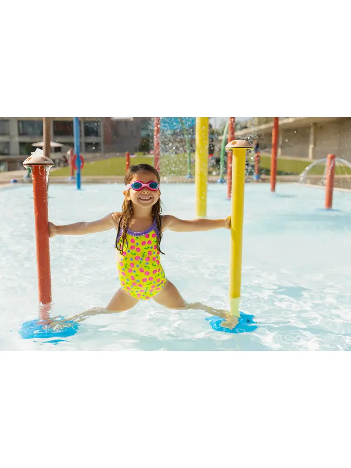 Sale,Clearance, view full size image of Front view of Product detail - Girls Cherries Ruffle Crossback Swimsuit CHER
