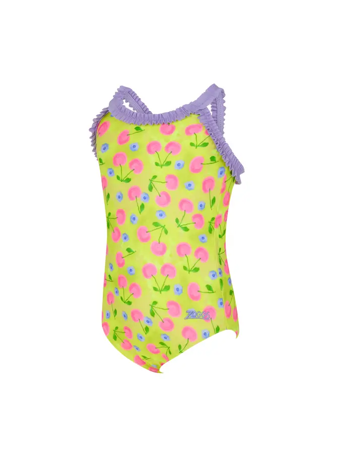 Sale,Clearance, view full size image of Front view of Product detail - Girls Cherries Ruffle Crossback Swimsuit CHER