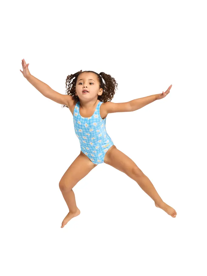 New, view full size image of Front view of Product detail - Girls Daisy Check Scoopback Swimsuit DACH