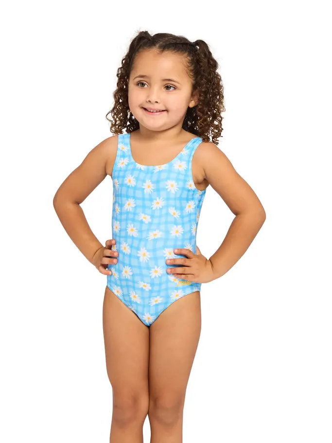 New, view full size image of Front view of Product detail - Girls Daisy Check Scoopback Swimsuit DACH
