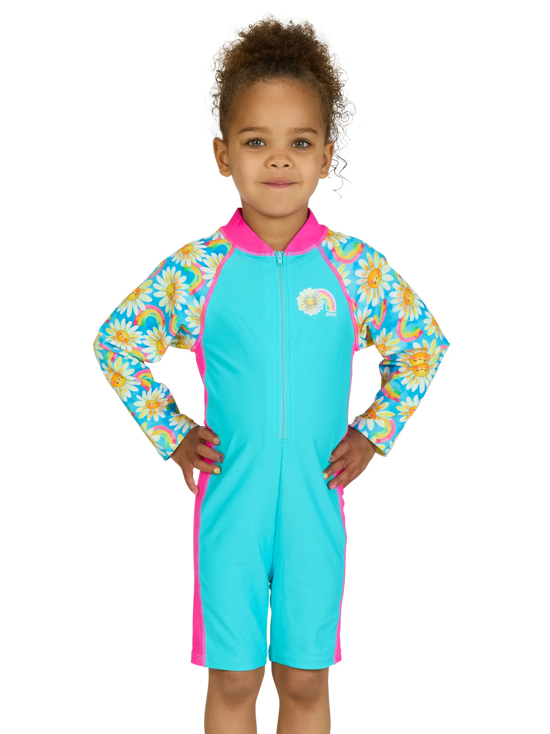 New, view full size image of Front view of Product detail - Girls Daisy Print Long Sleeve All In One Swimsuit DAIS