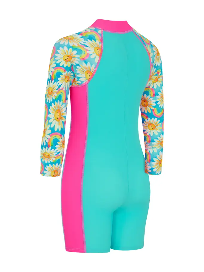 New, view full size image of Front view of Product detail - Girls Daisy Print Long Sleeve All In One Swimsuit DAIS