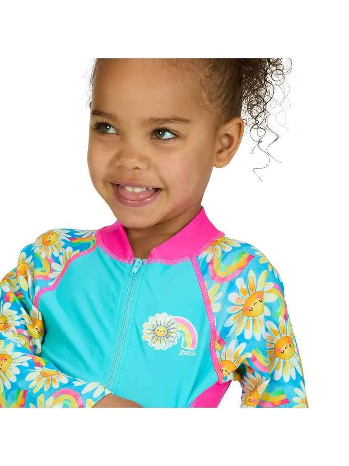 New, view full size image of Front view of Product detail - Girls Daisy Print Long Sleeve All In One Swimsuit DAIS