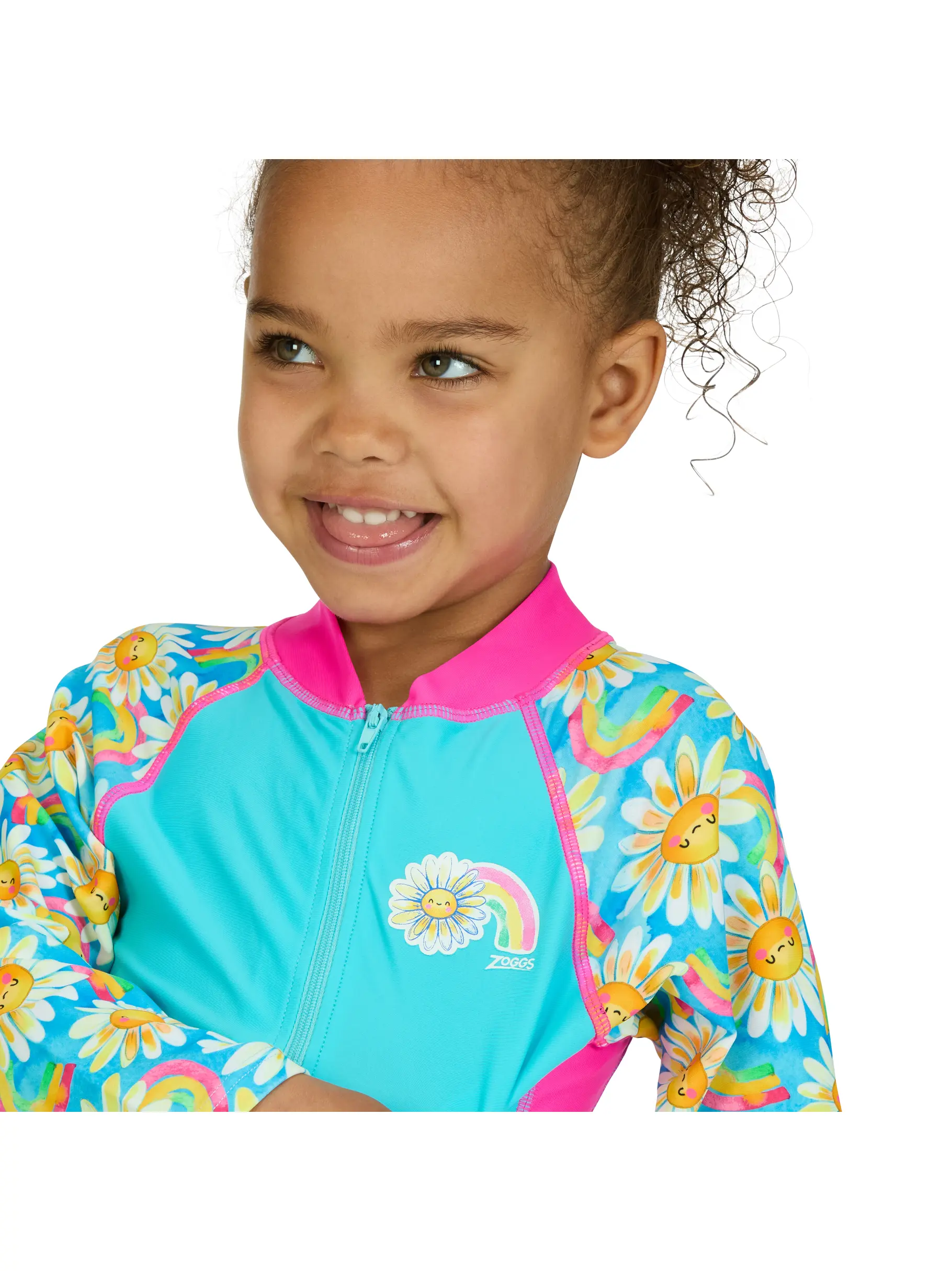New, view full size image of Front view of Product detail - Girls Daisy Print Long Sleeve All In One Swimsuit DAIS