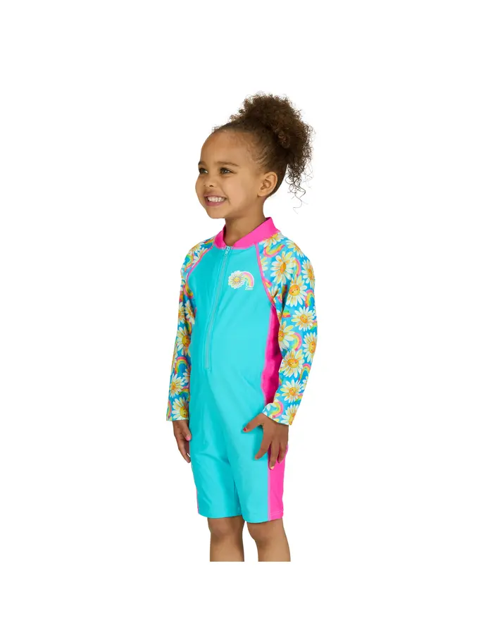 New, view full size image of Front view of Product detail - Girls Daisy Print Long Sleeve All In One Swimsuit DAIS