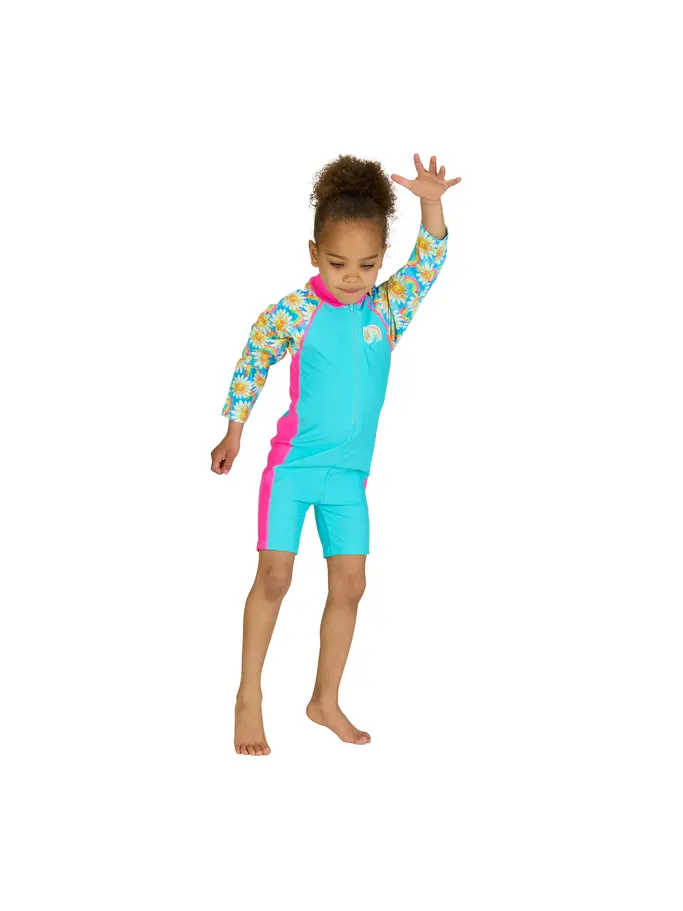 New, view full size image of Front view of Product detail - Girls Daisy Print Long Sleeve All In One Swimsuit DAIS