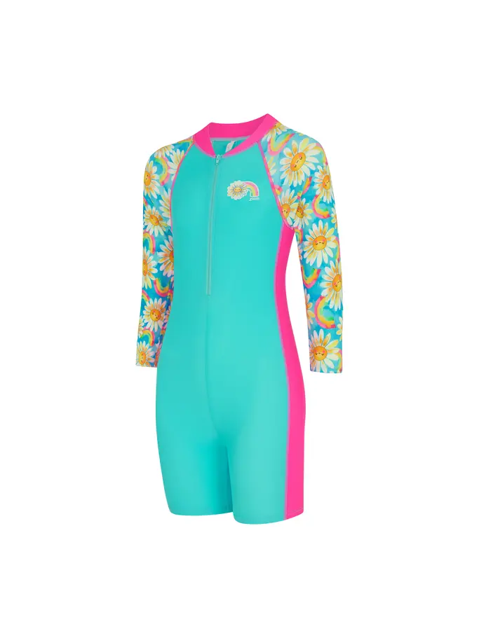 New, view full size image of Front view of Product detail - Girls Daisy Print Long Sleeve All In One Swimsuit DAIS