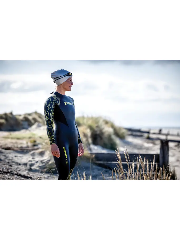 , view full size image of Front view of Product detail - Womens FS Open Water Wetsuit - Explorer Ultra black/yellow