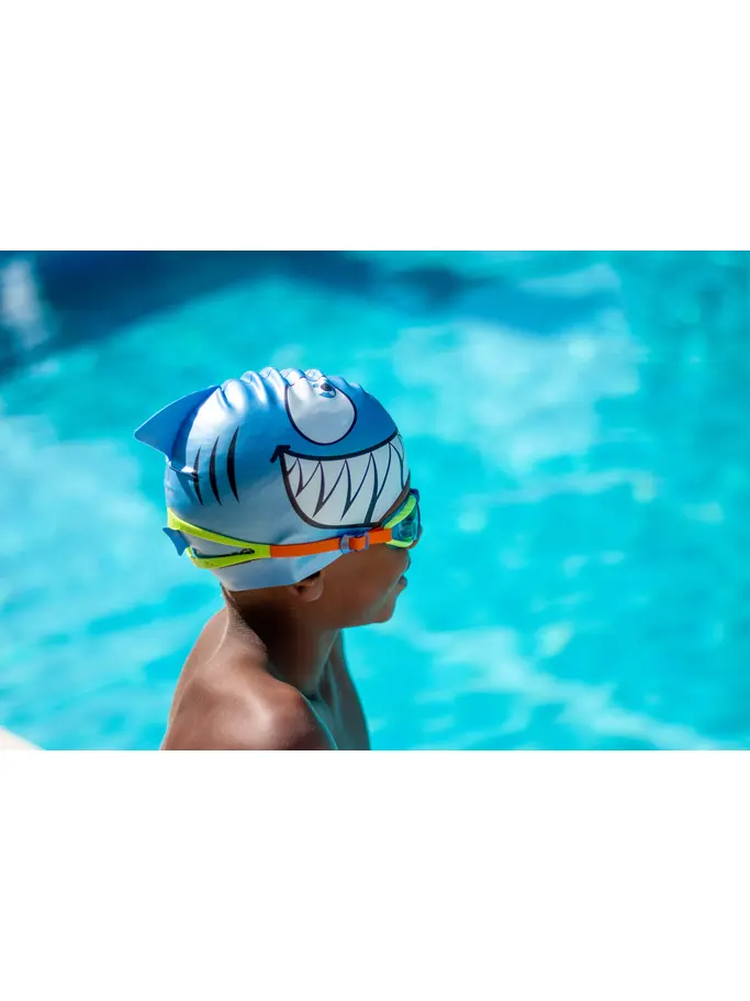 , view full size image of Front view of Product detail - Junior Swimming Cap - Blue Jaws