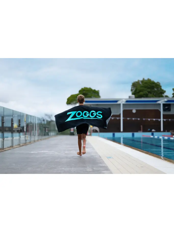 , view full size image of Front view of Product detail - Zoggs Unisex Adult Swimming Pool Towel black/turquoise