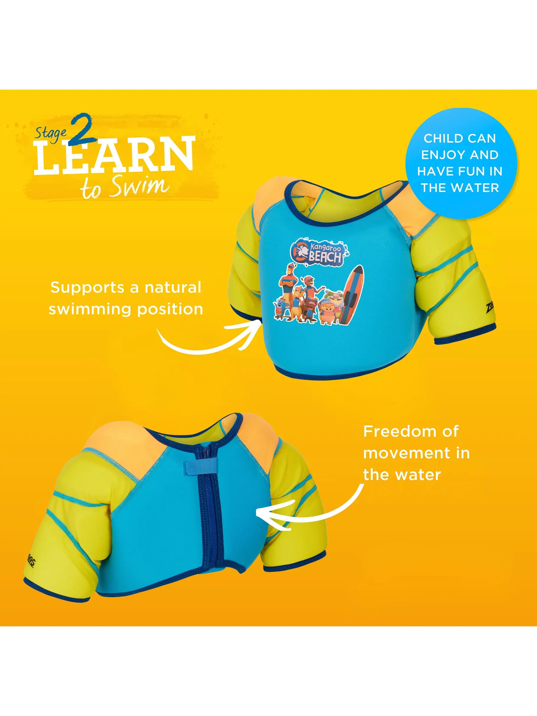 Sale, view full size image of Front view of Product detail - Blue Kangaroo Beach Water Wings Vest blue/yellow