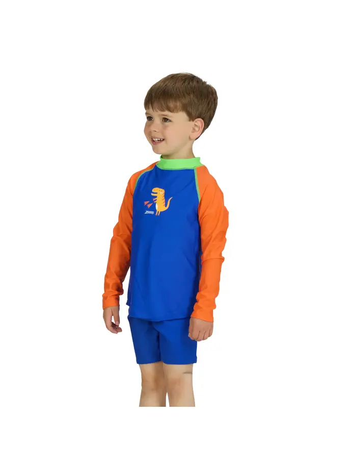New, view full size image of Front view of Product detail - Dino Blue Long Sleeve Zip Sun Top DIBL