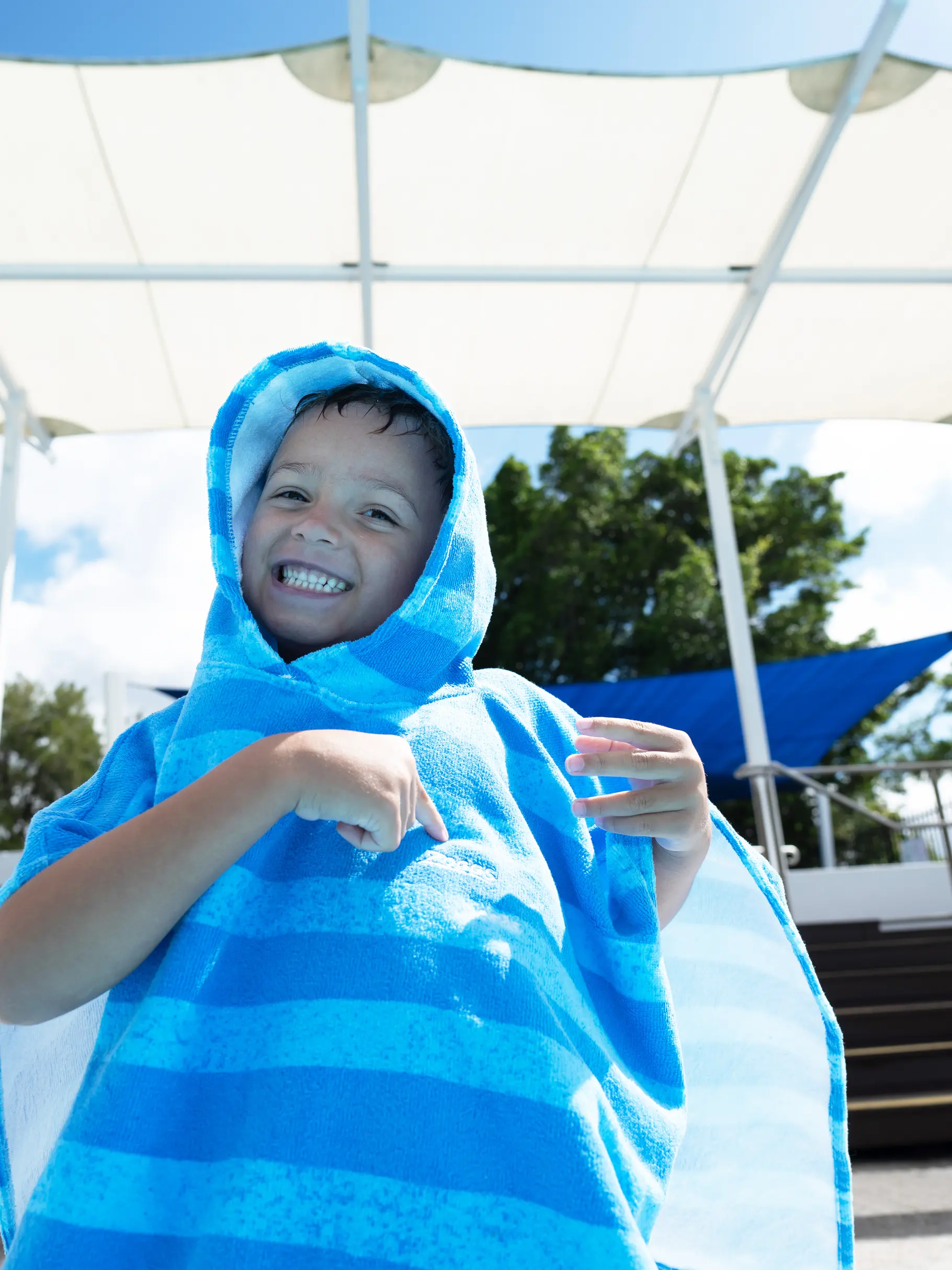 New, view full size image of Front view of Product detail - Nautical Blue Striped Poncho Hooded Towel NAST
