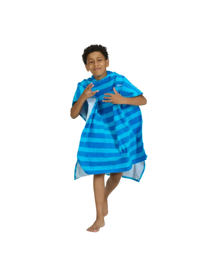 New, view full size image of Front view of Product detail - Nautical Blue Striped Poncho Hooded Towel NAST