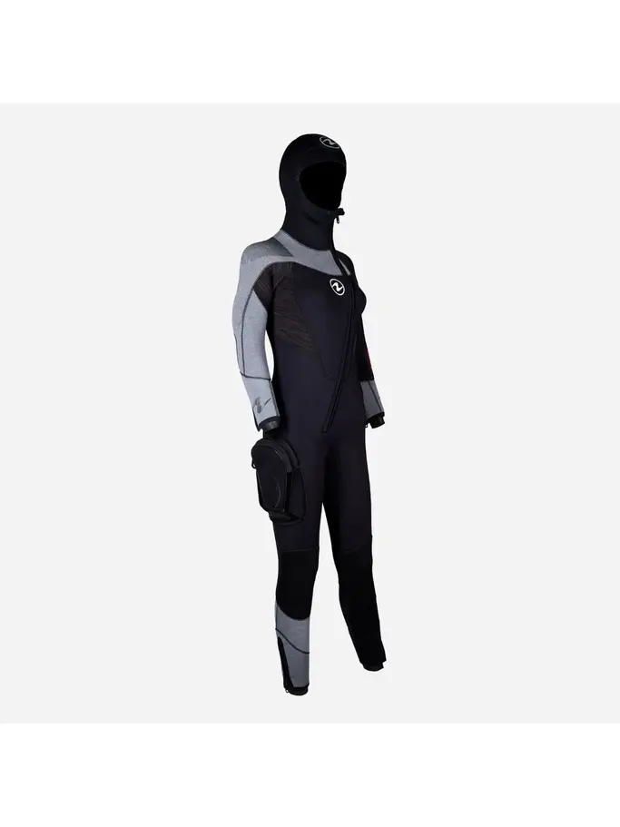 Out of Stock, view full size image of Front view of Product detail - DYNAFLEX - Women's Dive Wetsuit with Hood 7mm black/red