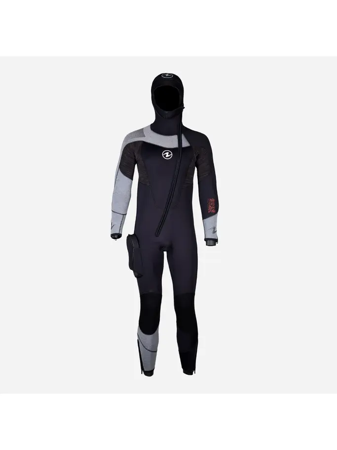 , view full size image of Front view of Product detail - DYNAFLEX - Men's Dive Wetsuit with Hood 7mm black/red