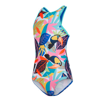 Product overview - Girls Toucan Print Hi Front Crossback Swimsuit TUCF