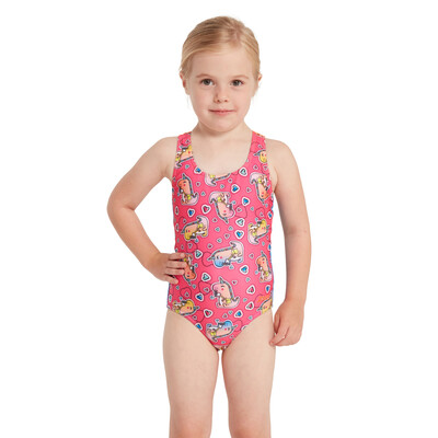Product hover - Girls Little Dino Print Actionback One Piece Swimsuit LTDN